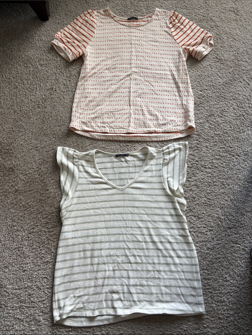 Striped Short Sleeve Top - orange/olive green & Cream